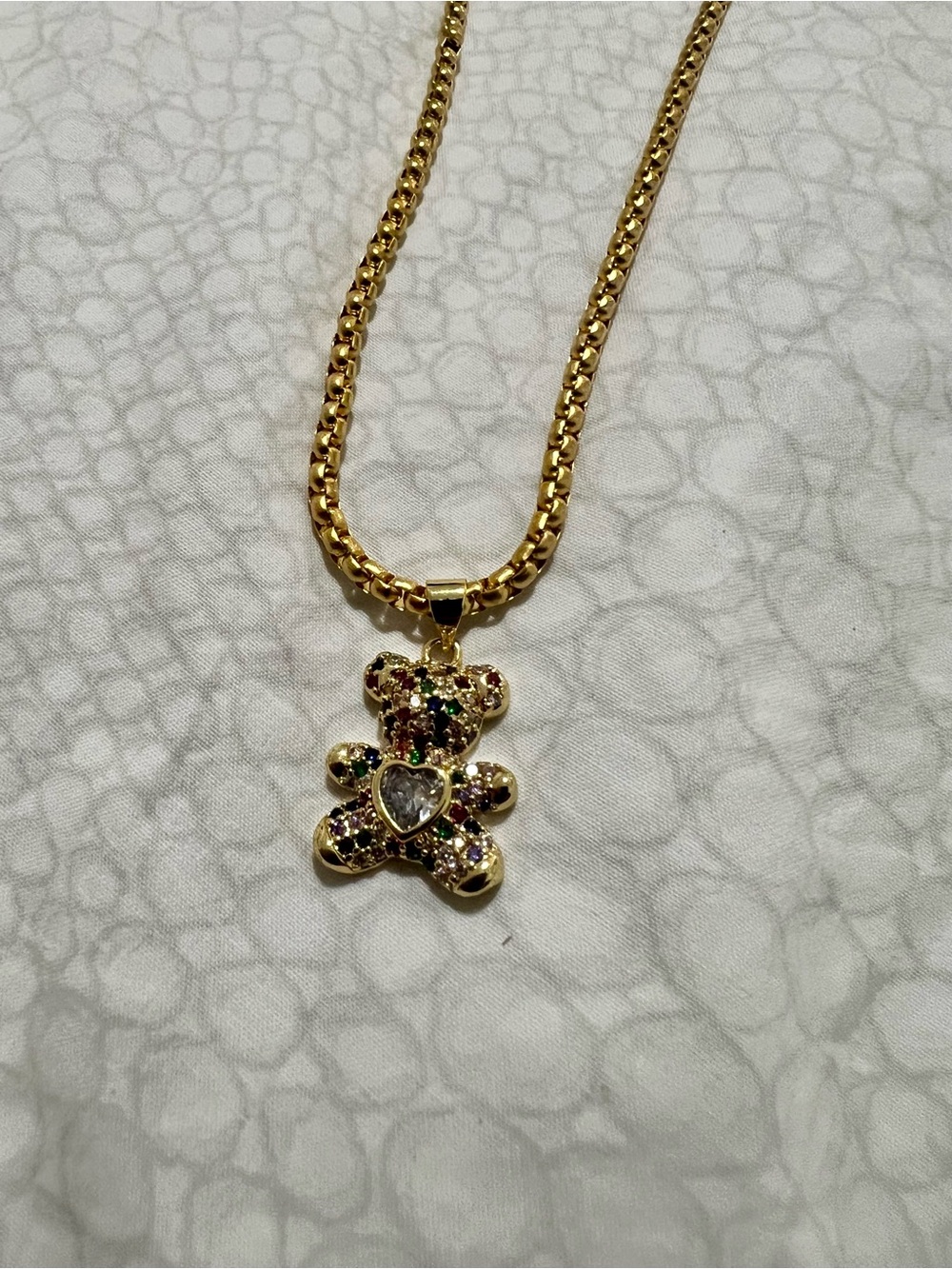 Handmade Gold-tone Multicolor Crystal Teddy Bear Pendant Necklace